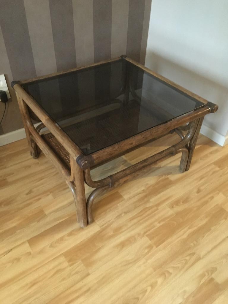 Salontafel bamboe glas, Huis en Inrichting, Ophalen, Gebruikt, 50 tot 100 cm, Vierkant