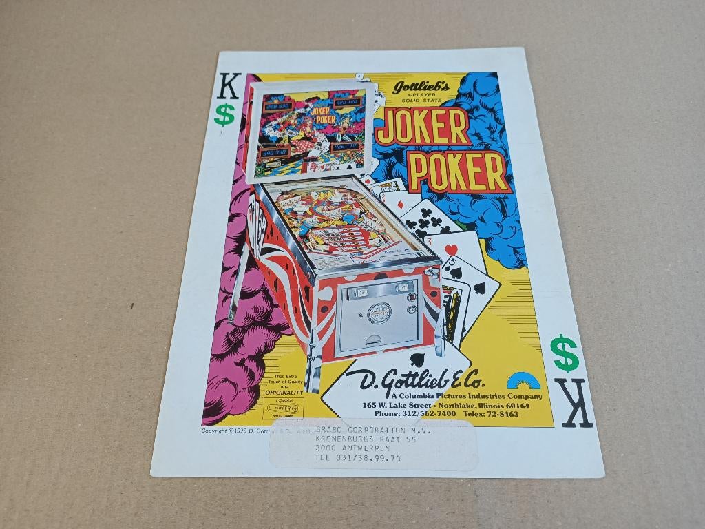 Flyer: Gottlieb Joker Poker (1978) Flipperkast, Verzamelen, Automaten | Flipperkasten, Verzenden, Flipperkast, Gottlieb