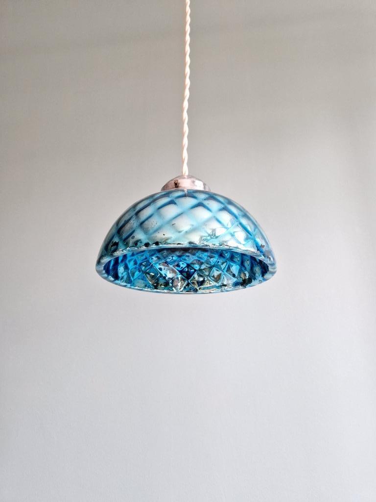 Blauwe vergulde glazen hanglamp, jaren 20, Antiek en Kunst, Ophalen of Verzenden