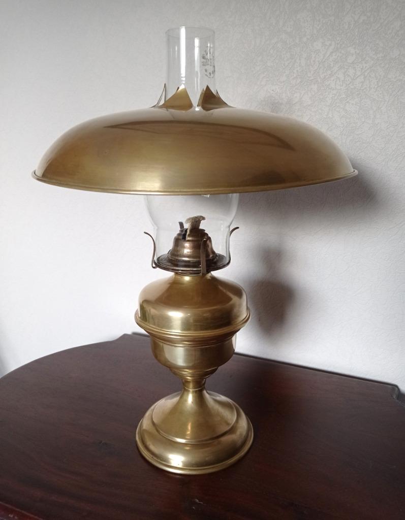 lampe à huile en cuivre, antique, avec verre et abat-jour, Enlèvement ou Envoi, Cuivre