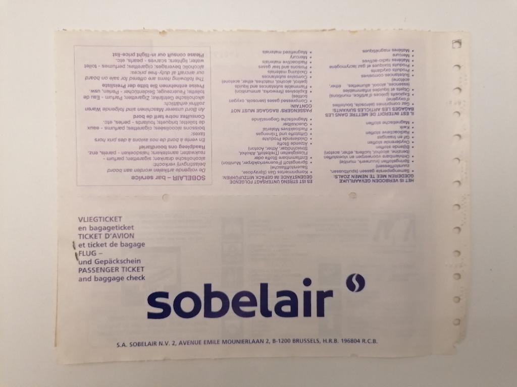 Coupon billet d'avion Sabena Sobelair #02 -SLR00167047 1998, Enlèvement ou Envoi, Utilisé