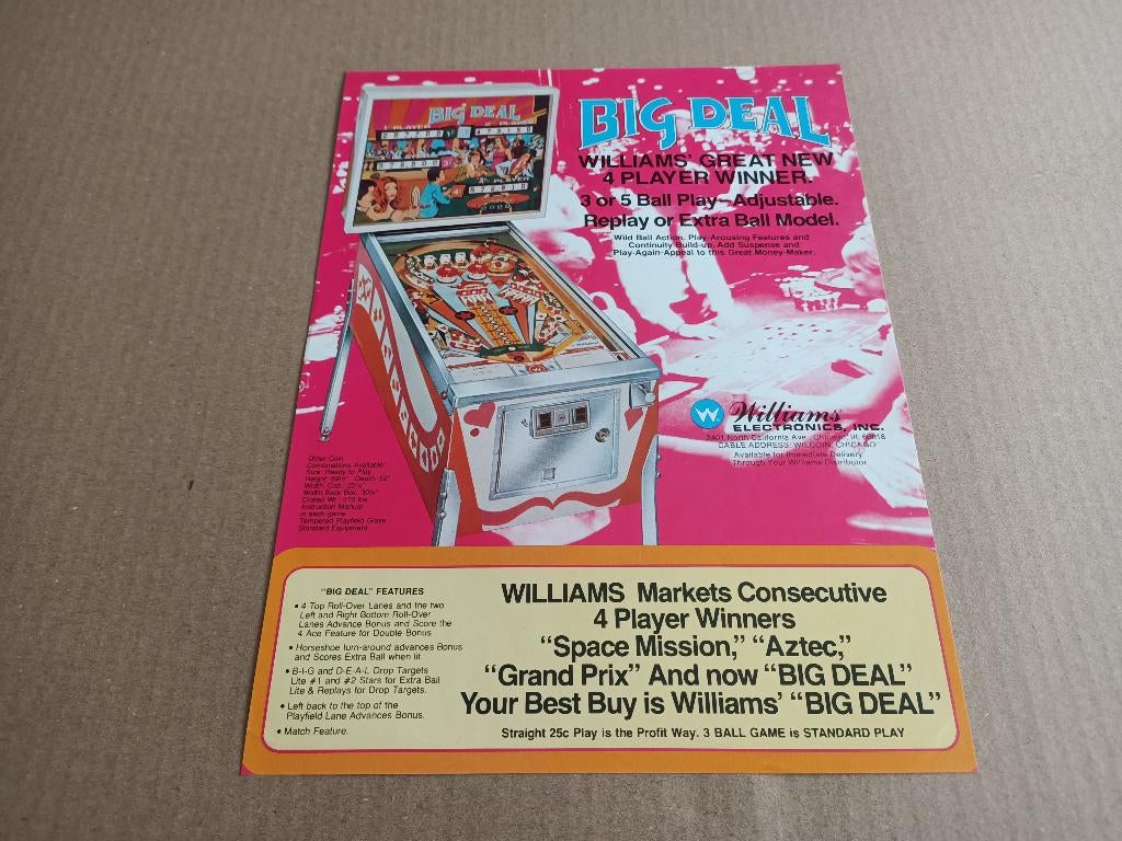 Flyer: Williams Big Deal (1977) Flipperkast, Collections, Machines | Flipper (jeu), Williams, Envoi