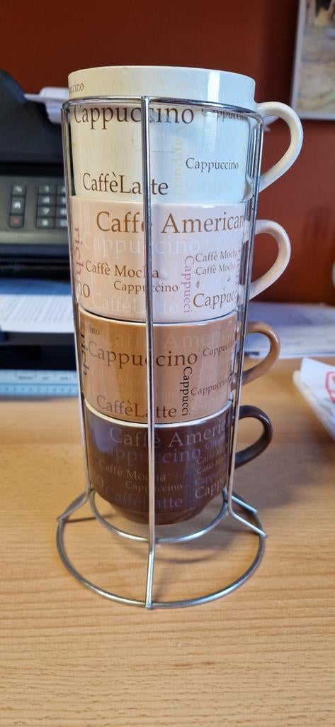 Lot de 4 tasses & support inox, Huis en Inrichting, Keuken | Servies, Ophalen of Verzenden, Nieuw, Keramiek, Kop(pen) en/of Schotel(s)