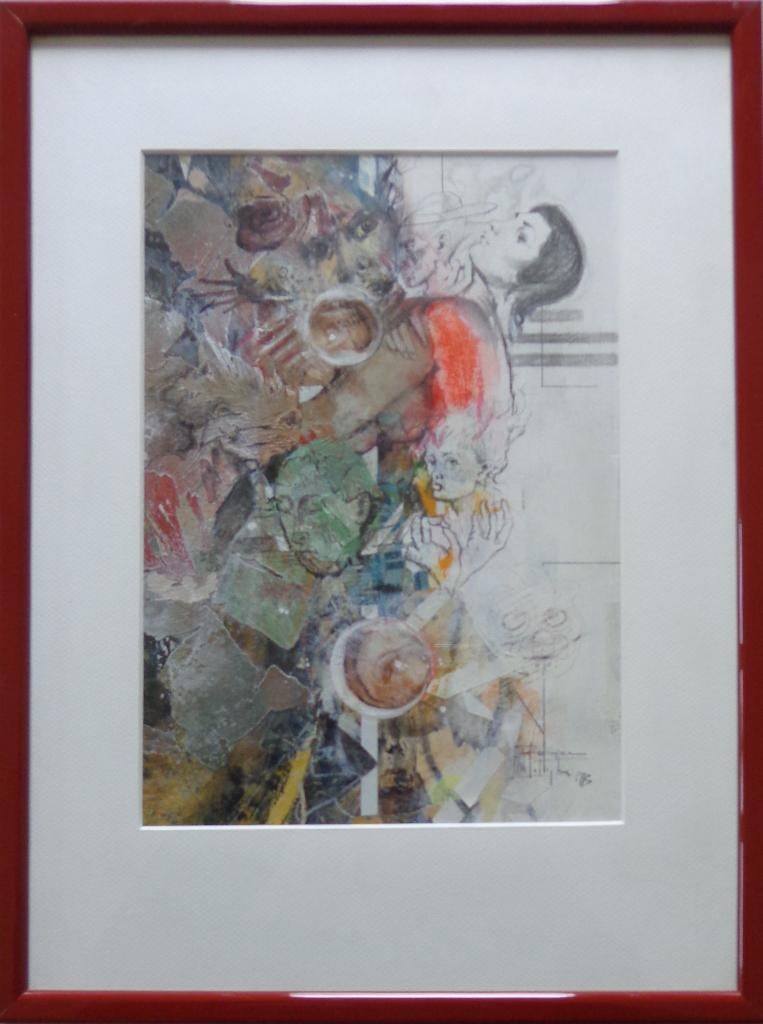 ROGER VAN BELLEGHEM / COMPOSITIE / ORIGINEEL / 45x34cm KADER, Antiek en Kunst, Kunst | Schilderijen | Modern, Figuren, Glas, Ophalen of Verzenden