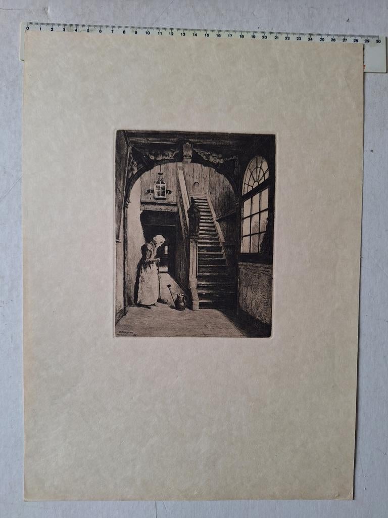 Ets Charles Mertens Trap van het Brouwershuis Antwerpen, Antiek en Kunst, Kunst | Etsen en Gravures, Ets, Ingelijst, Ophalen of Verzenden