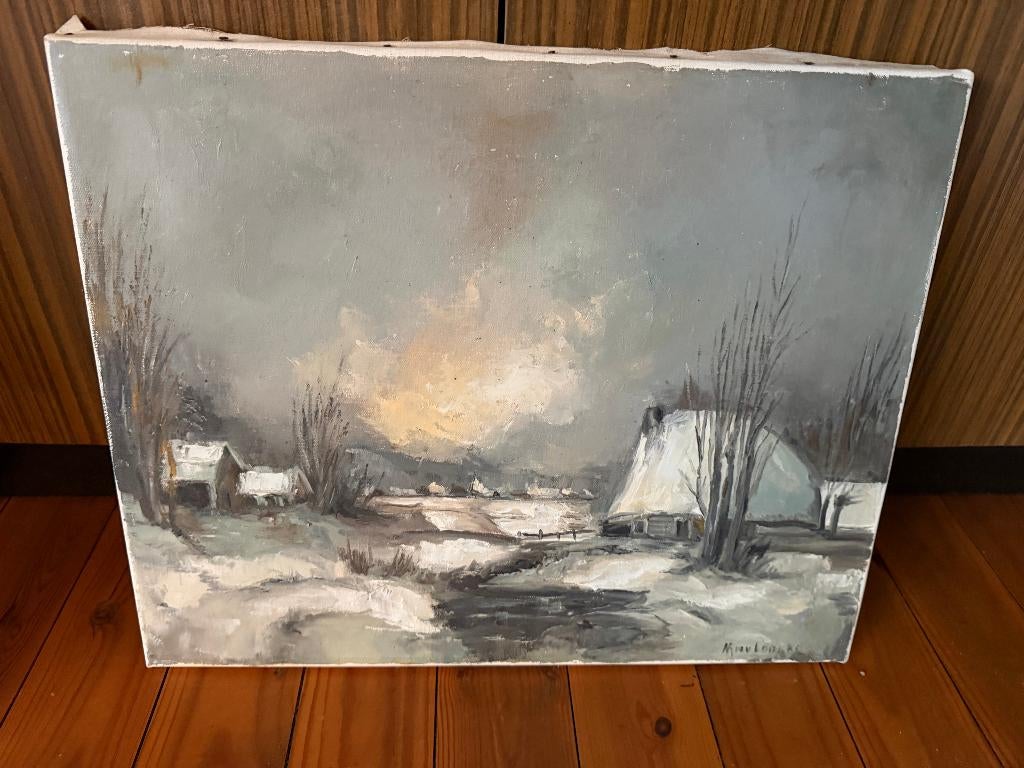 schilderij winterlandschap (50x40 cm) - olie op doek, Antiek en Kunst, Ophalen