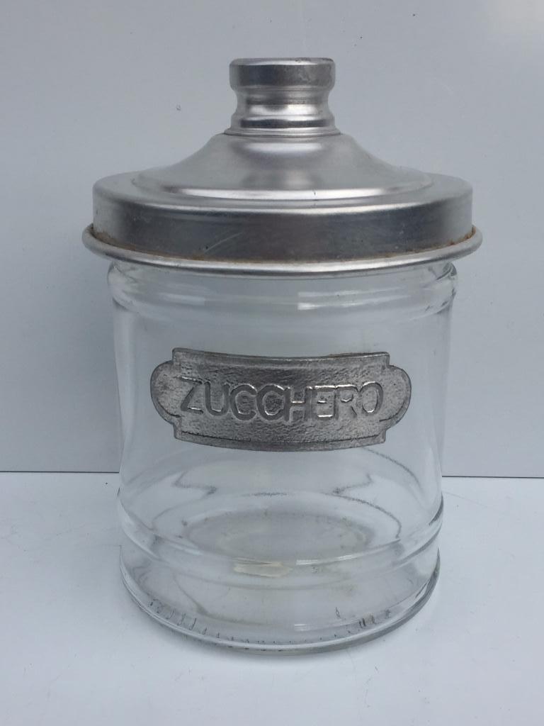Bokaal glas Zucchero (suiker) , label en deksel in aluminium, Ophalen of Verzenden, Zo goed als nieuw