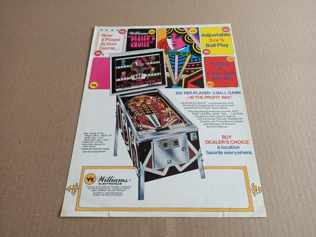 Flyer: Williams Dealer's Choice (1974) Flipperkast, Envoi, Flipper (jeu), Williams