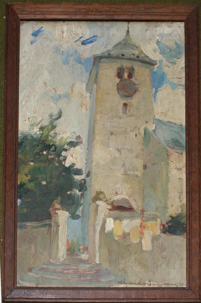 Charles Swyncop (1895-1970): Kerkzicht (26 x 38 cm), Antiek en Kunst, Kunst | Schilderijen | Klassiek, Ophalen of Verzenden