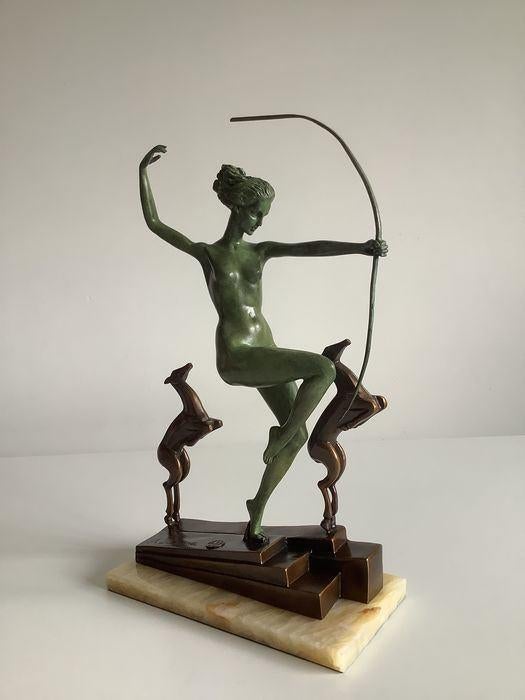 Bronzen beeld Diana met reekalfjes, Antiek en Kunst, Antiek | Brons en Koper, Brons, Ophalen of Verzenden