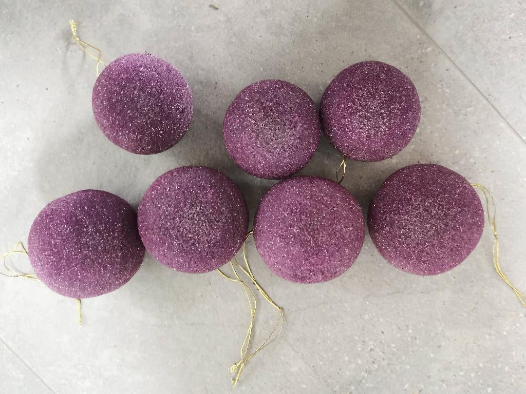 7 grandes boules de Noël violettes à paillettes - 7 cm, Enlèvement ou Envoi, Comme neuf