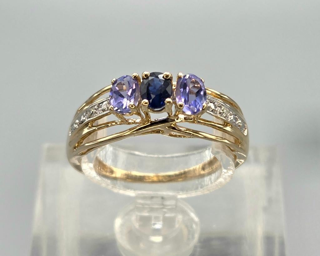 Gouden Vintage ring tanzaniet, saffier diamanten. 2026/111, Overige kleuren, Ophalen of Verzenden, Met edelsteen, Dame