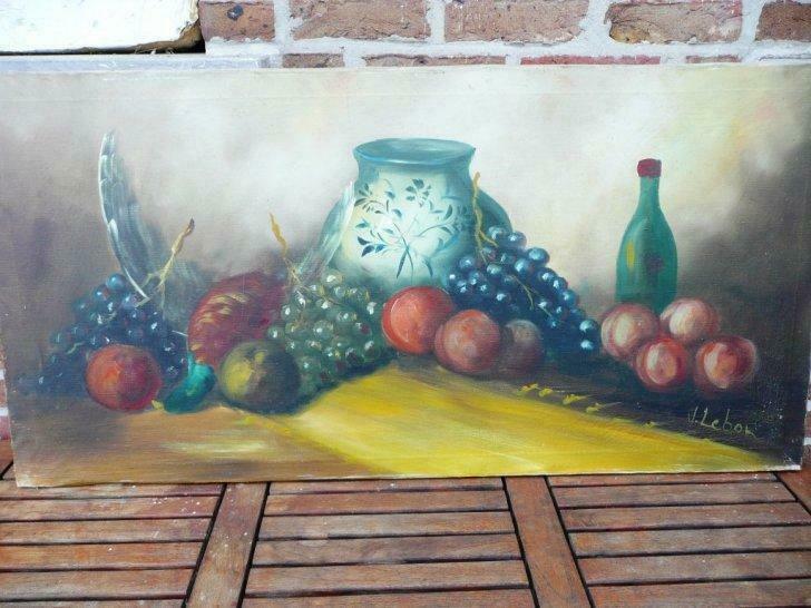2 schilderijen : stilleven met fruit en landschap