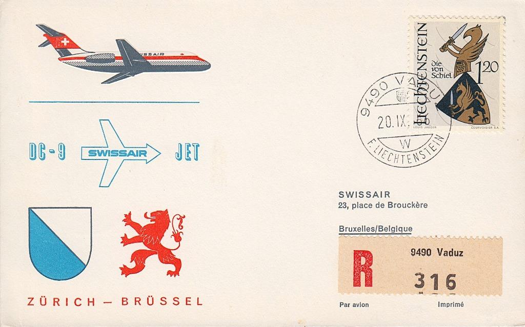 1966 - LIECHTENSTEIN - Vlucht Zürich - Brussel, Verzenden, Overige landen, Gestempeld