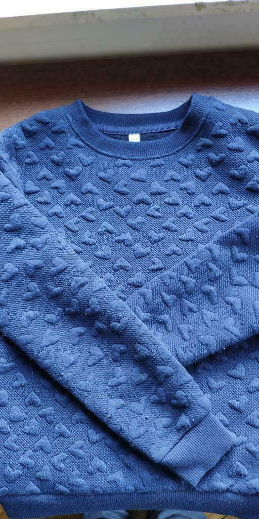 Blauwe trui met hartjes - hartjestrui - maat 122 128, Ophalen of Verzenden, Gebruikt, Meisje, Trui of Vest