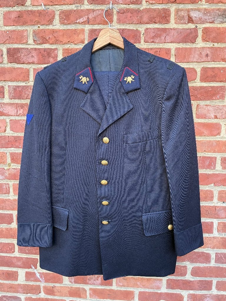 Brandweer Uniform, vest + broek,metalen kraagspiegels,Large., Verzamelen, Ophalen of Verzenden