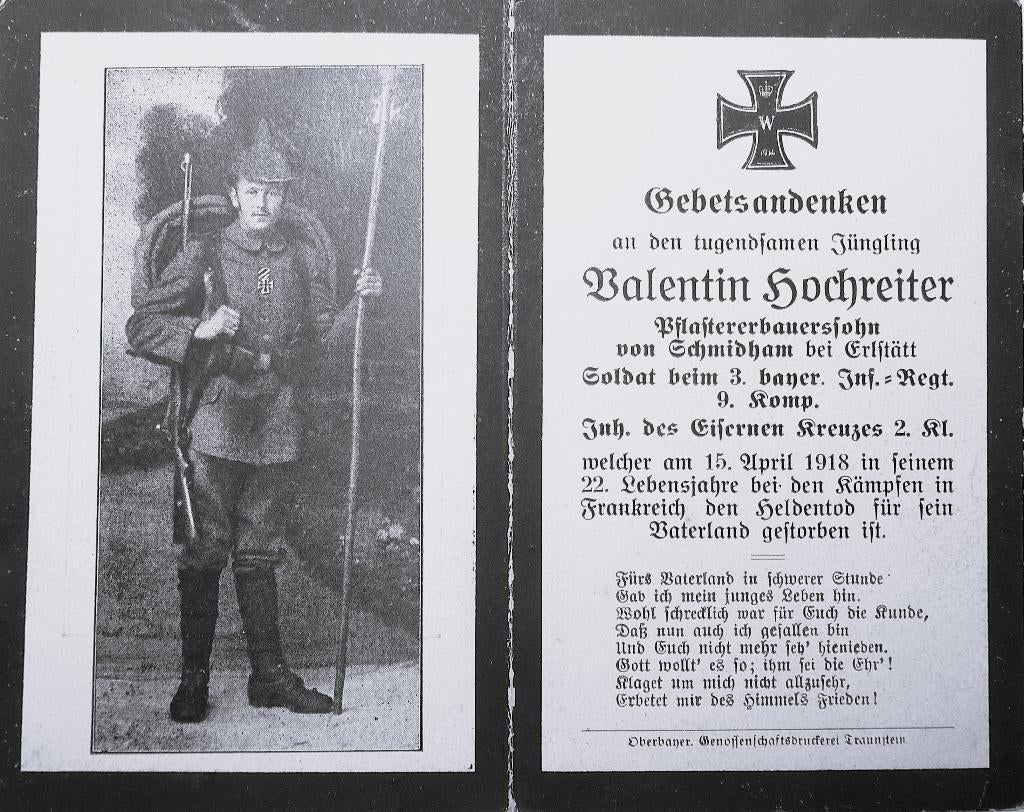 Duits bidprentje voor soldaat Valentin Hochreiter, Ophalen of Verzenden, Bidprentje