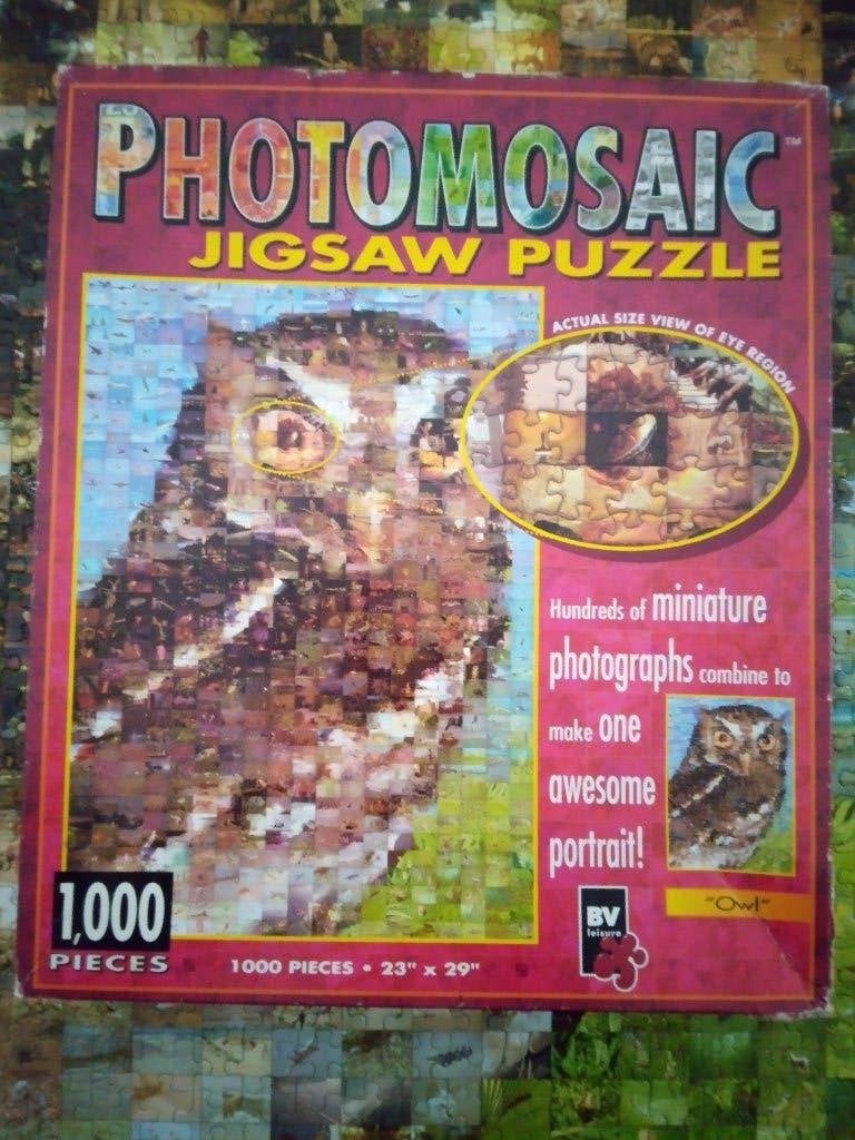 puzzel 1000st-Jigsaw-Uil-Fotomozaiek  (hoek doos beschadigd), Hobby en Vrije tijd, Ophalen of Verzenden, 500 t/m 1500 stukjes