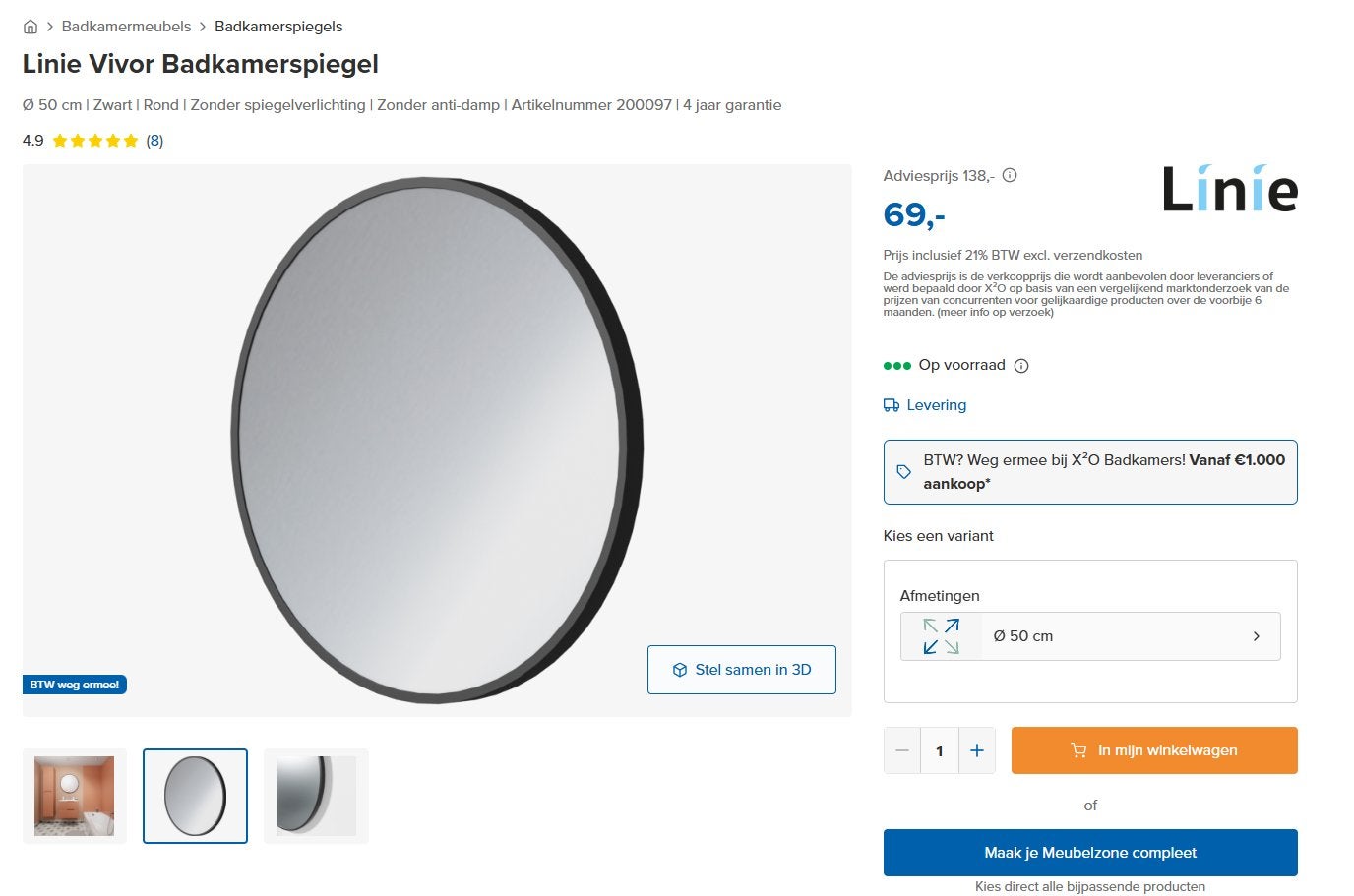 Nieuwe Linie Vivor spiegel, Huis en Inrichting, Woonaccessoires | Spiegels, Ophalen, Rond, Nieuw, Minder dan 100 cm