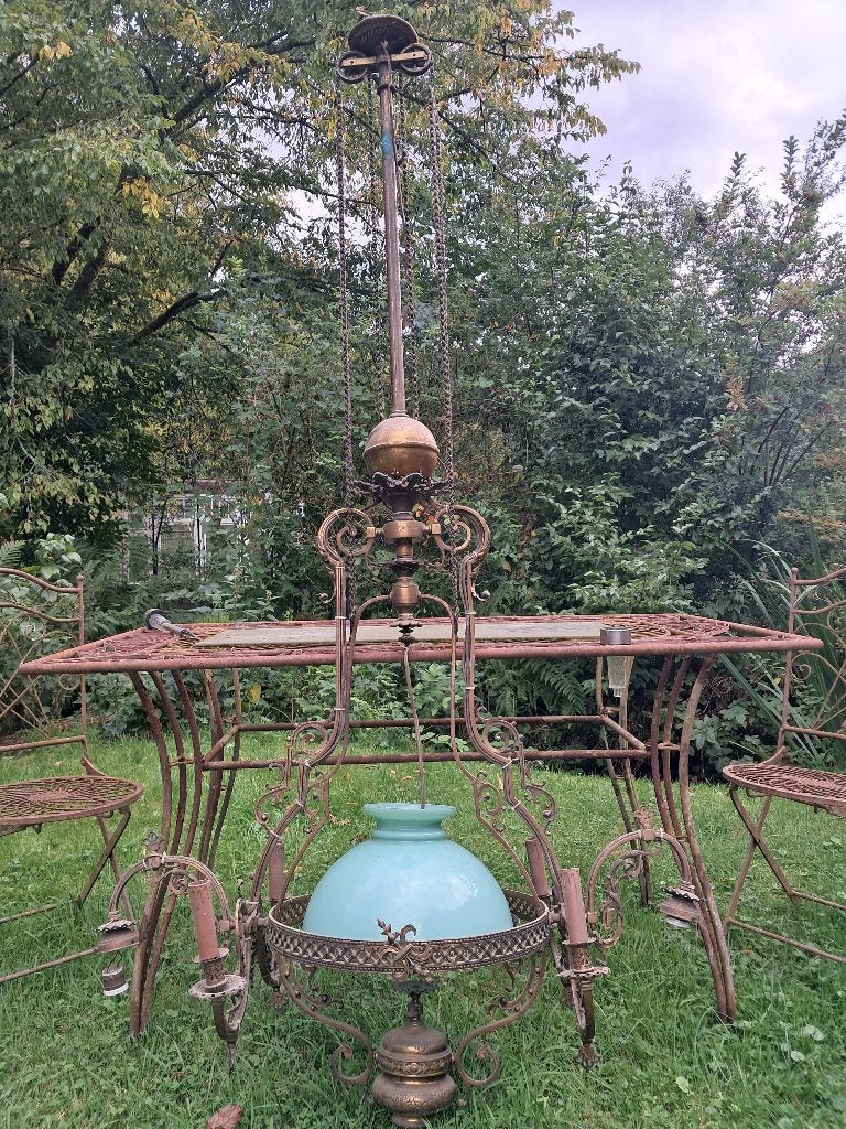 Grande suspension ancienne XIXe – opaline verte –, Antiquités & Art, Enlèvement