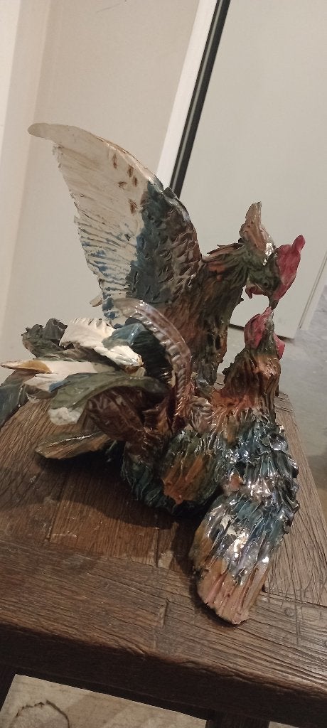 Maurice Vienne keramische sculptuur - Cockfight 45x24, Ophalen
