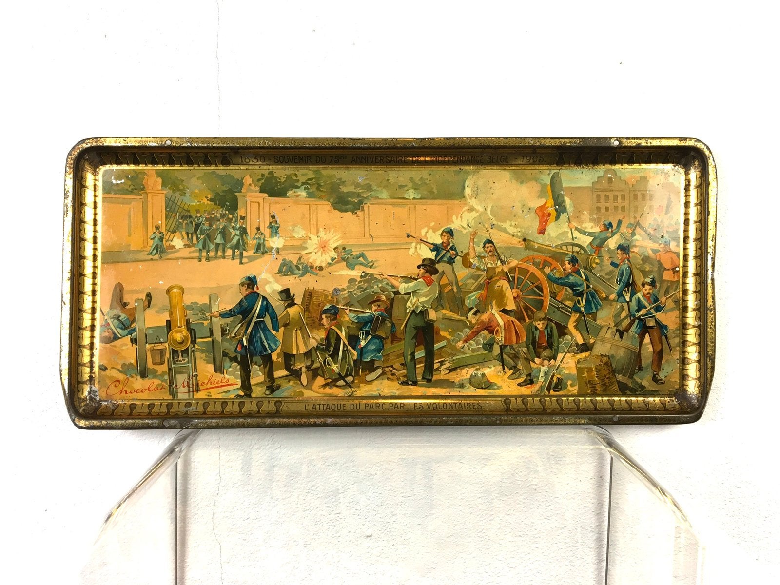 Assiette ancienne en étain « Chocolat Michiels » des 1920, Collections, Enlèvement ou Envoi, Utilisé, Panneau publicitaire