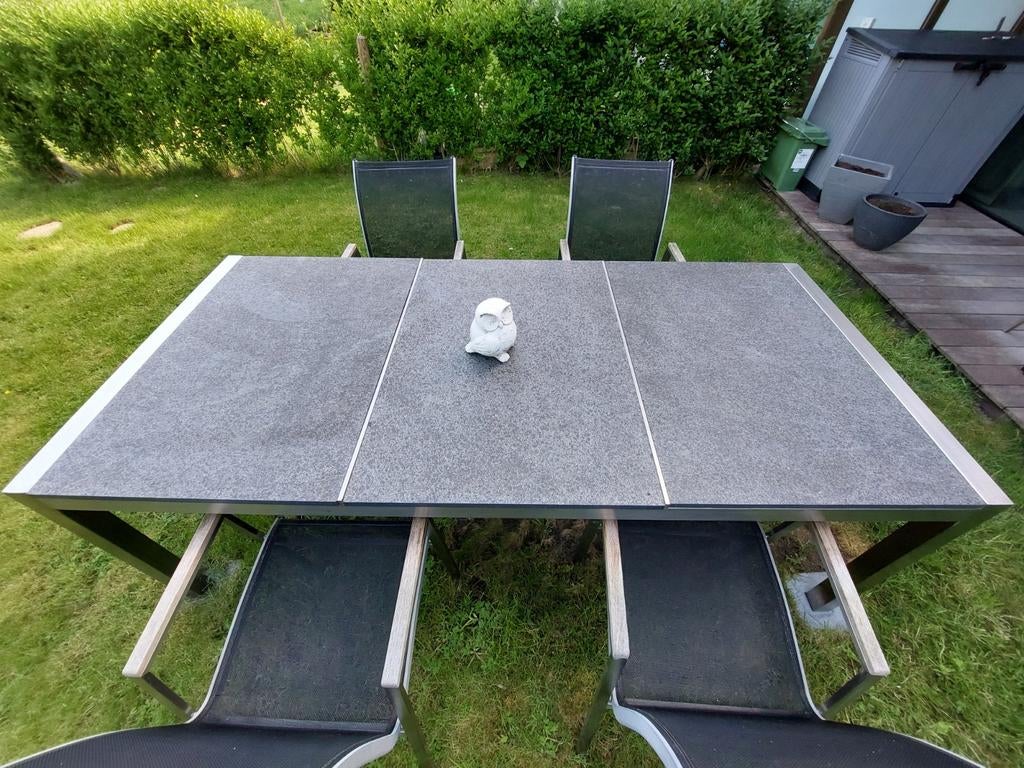 Tuintafel inox met 3 inlegpanelen graniet +4 stoelen, Ophalen