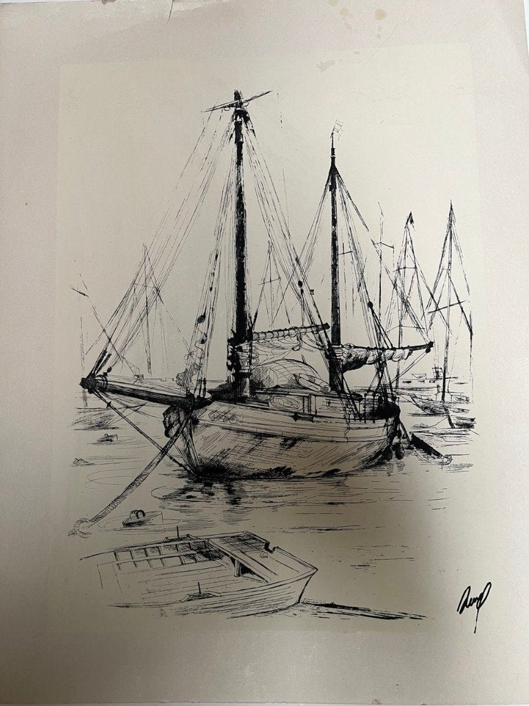 Tirage d'art ancien « Port de Pêche » - Claude Piéchaud, Enlèvement ou Envoi, Maison et Meubles