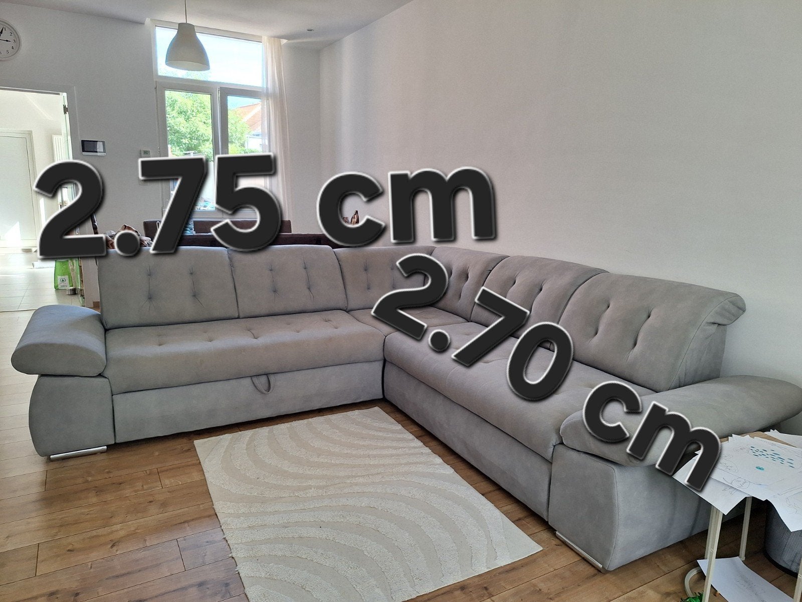 Grijze hoekzetel met slaapfunctie en opbergruimte 
Te, Ophalen, Zo goed als nieuw, Stof