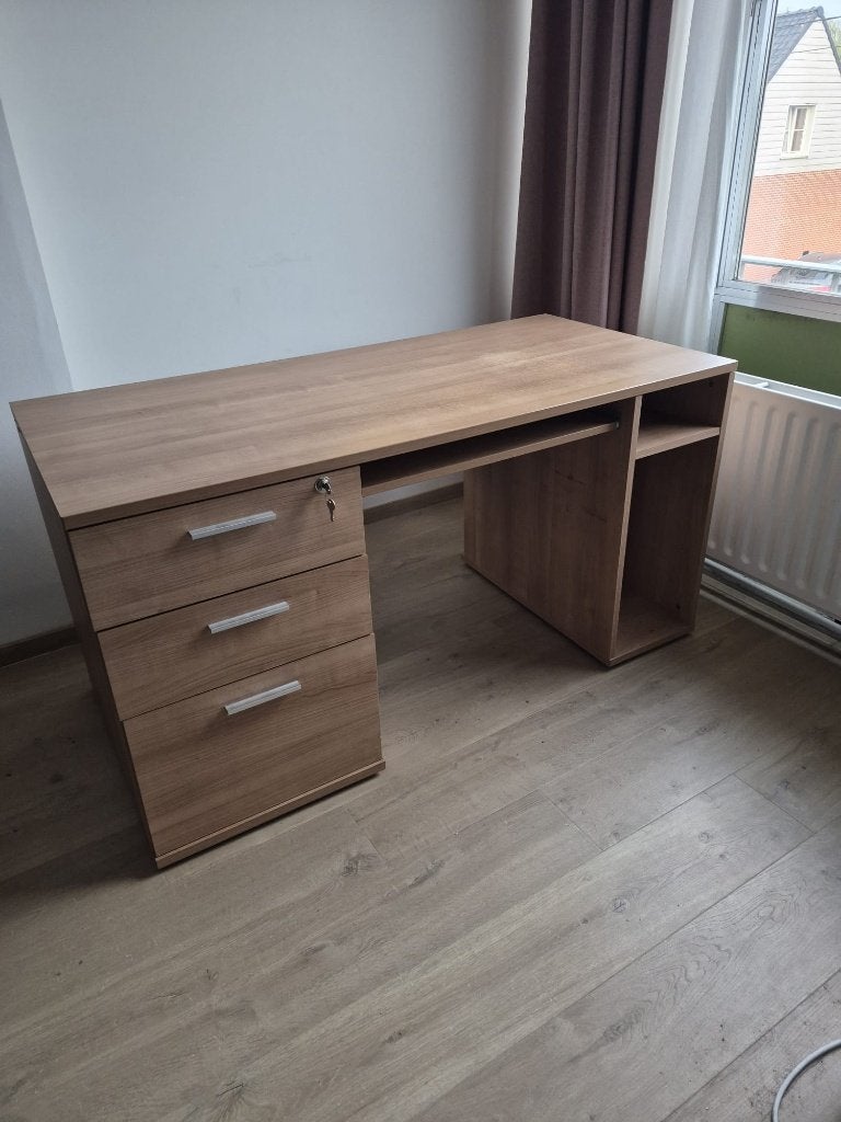 Bureau met 3 laden, kast & uitschuifbaar werkblad, Ophalen, Gebruikt, Met lades, 143 cm