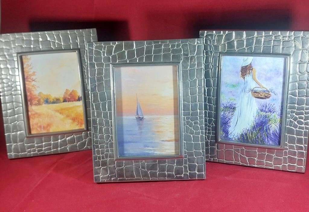 Set van 3 zilveren fotolijsten met krokodillenreliëf & kunst, Ophalen of Verzenden
