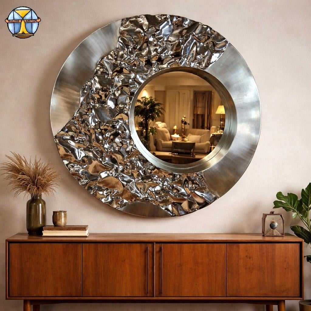 Grand miroir chromé vintage organique (Mercury Mirror), Enlèvement ou Envoi, Moins de 100 cm, Rond, Comme neuf