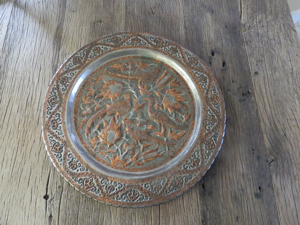 Vintage Perzisch handgehamerd koperen bord ambassade, Ophalen of Verzenden