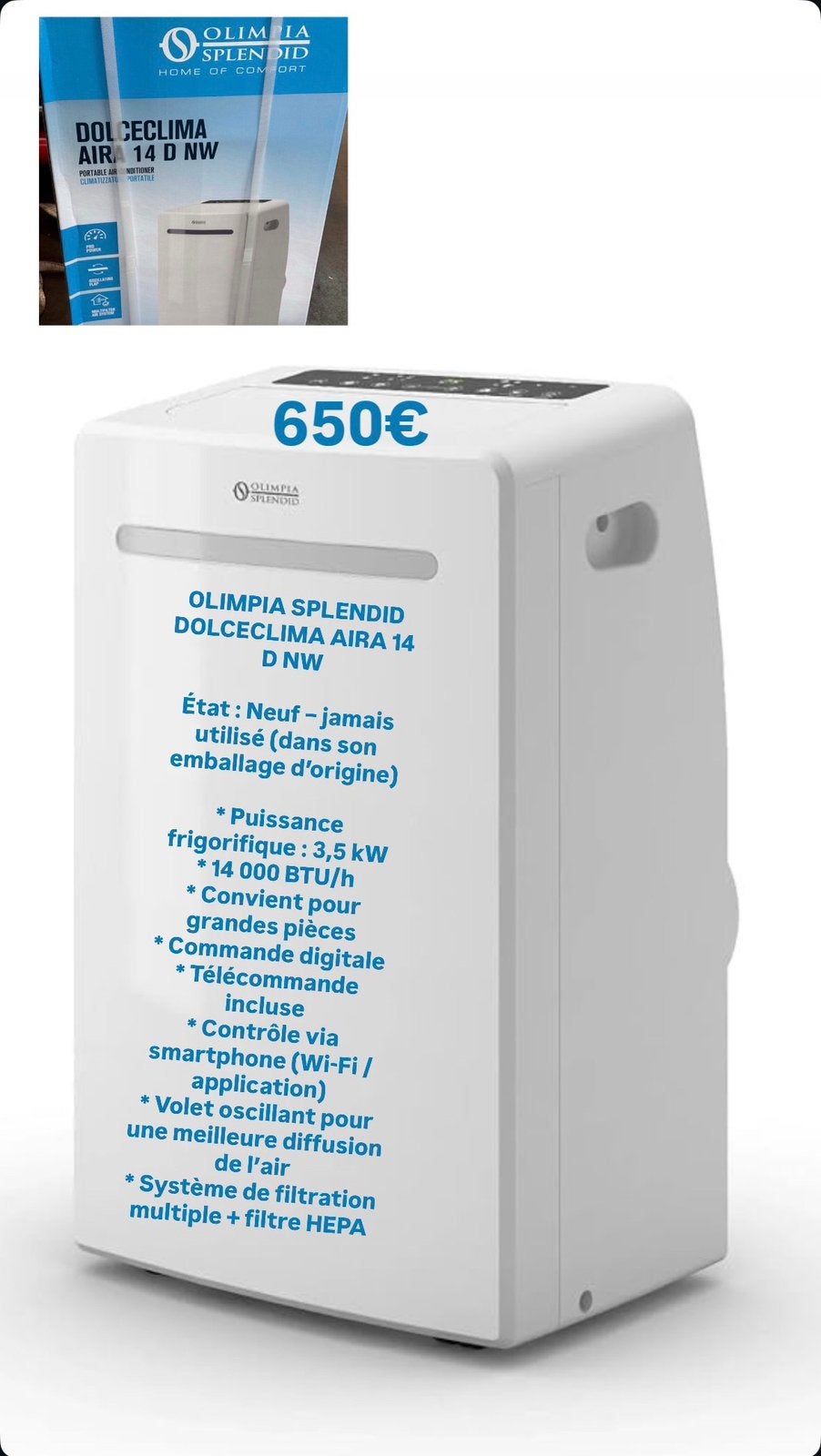 Climatiseur portable 14 000 BTU, Enlèvement, Télécommande, Climatiseur mobile, Neuf