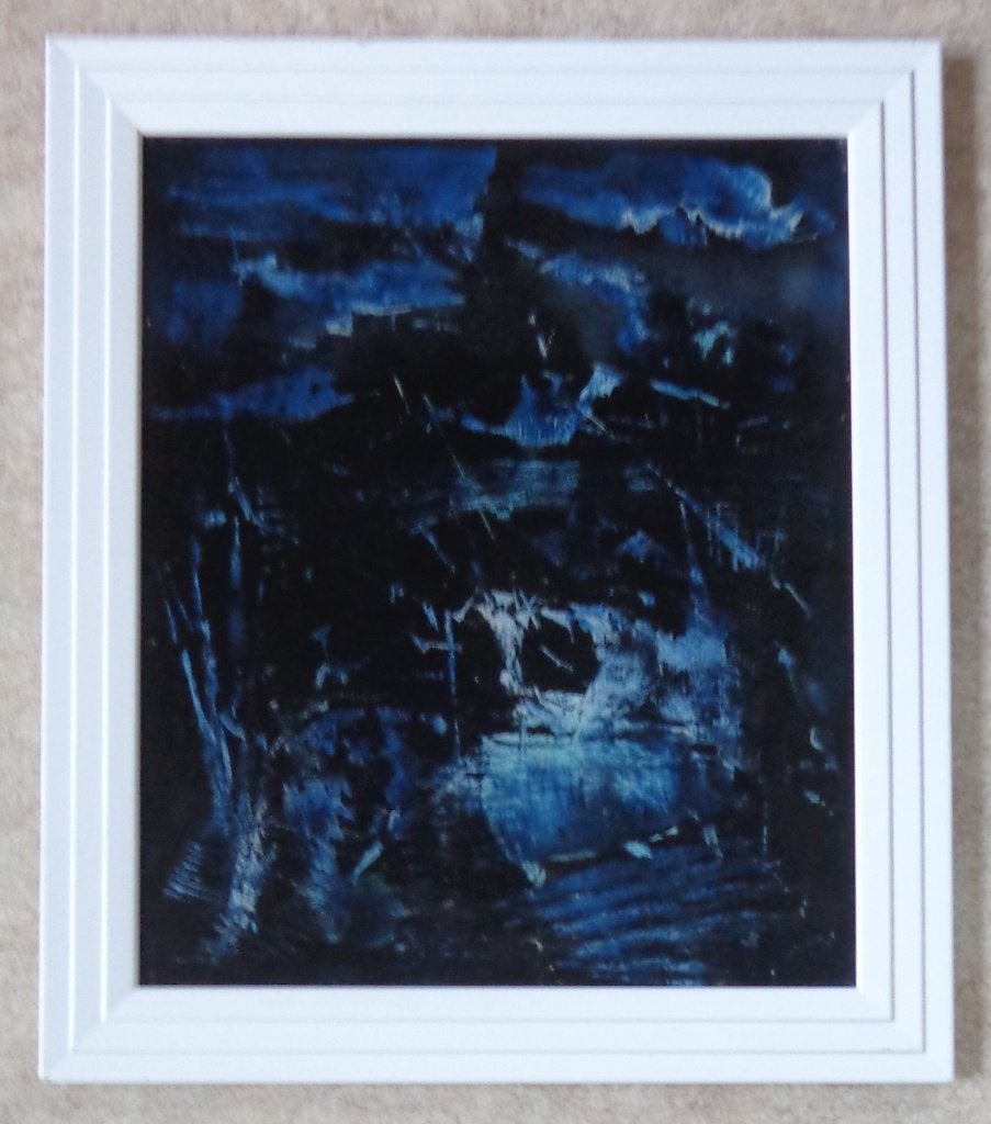 CECILE SAMAIN / BLAUWE ABSTRACTIE / OLIEVERF / 71x61cm KADER, Antiek en Kunst, Ophalen