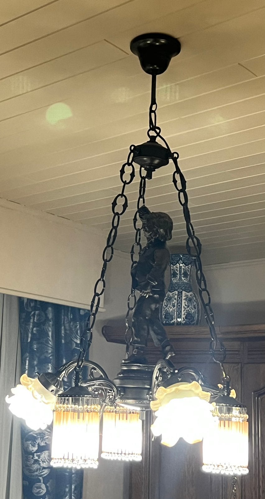 Luster samac met glazen kapjes en glazen staafjes H 76 cm, Enlèvement