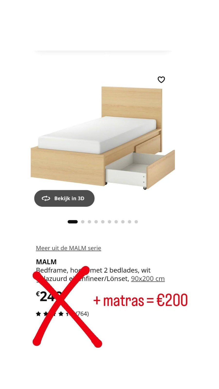 IKEA MALM bedframe + lattenbodem + matras 90x200cm, 100 cm, Autres couleurs, Une personne, Enlèvement