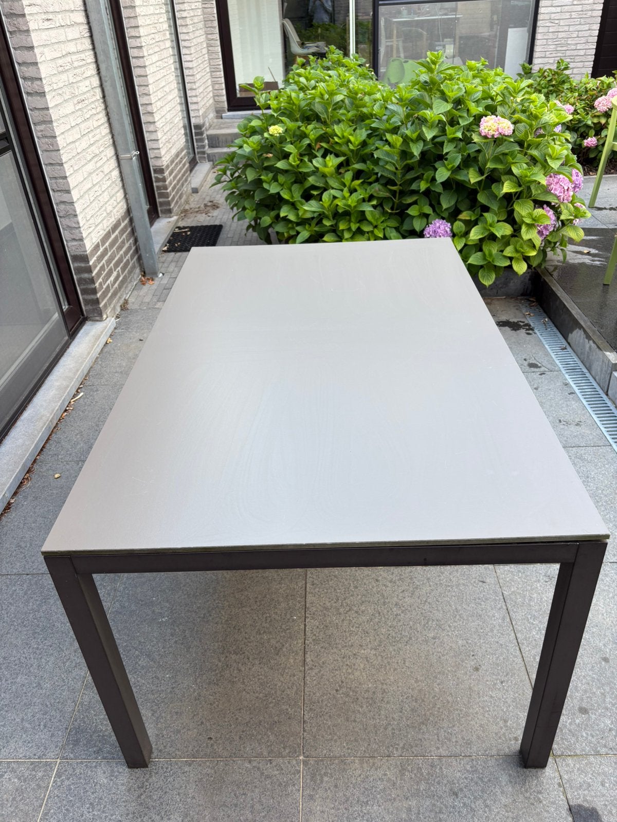 Grijze tuintafel met 4 stoelen (160 x 100), Tuin en Terras, Tuintafels, Ophalen, Gebruikt, Rechthoekig, Metaal