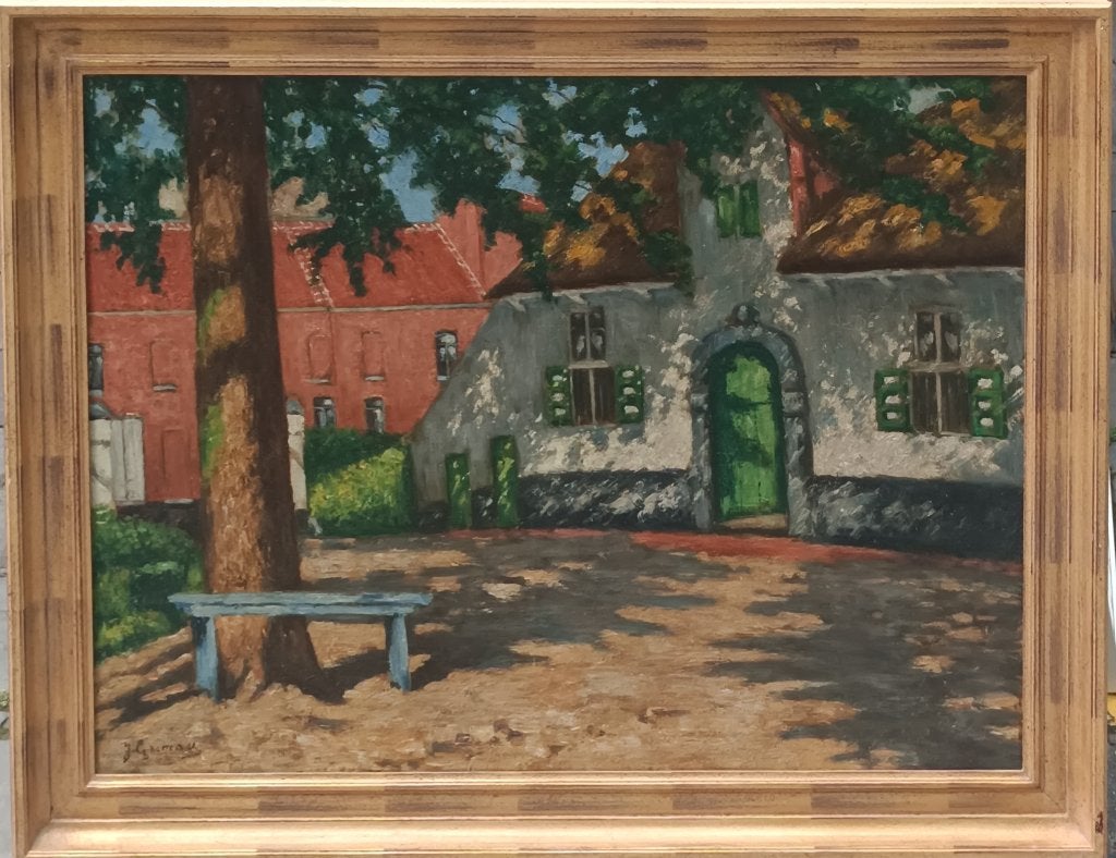 Joseph Grimau (1859-1938): Zomers huisje (O/D, 93 x 73 cm), Enlèvement ou Envoi, Signé, Paysage urbain / rural