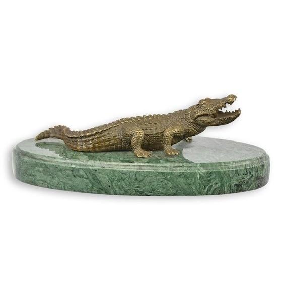 bronzen krokodil op marmeren consol, Antiek en Kunst, Ophalen of Verzenden, Beeld, Groen