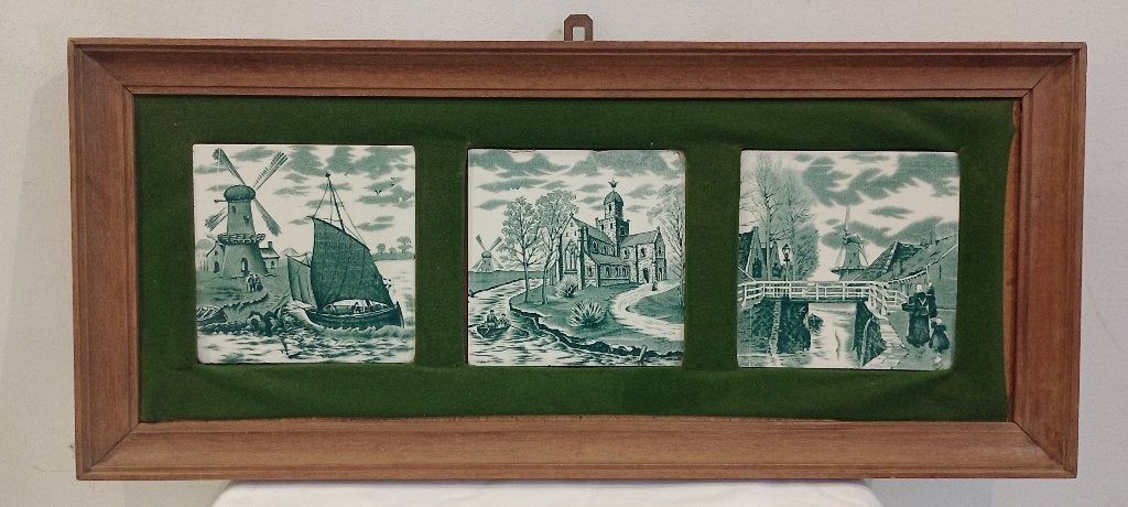 Triptyque 3 carreaux Delft vert vintage,67x29,n664, Antiquités & Art, Enlèvement ou Envoi