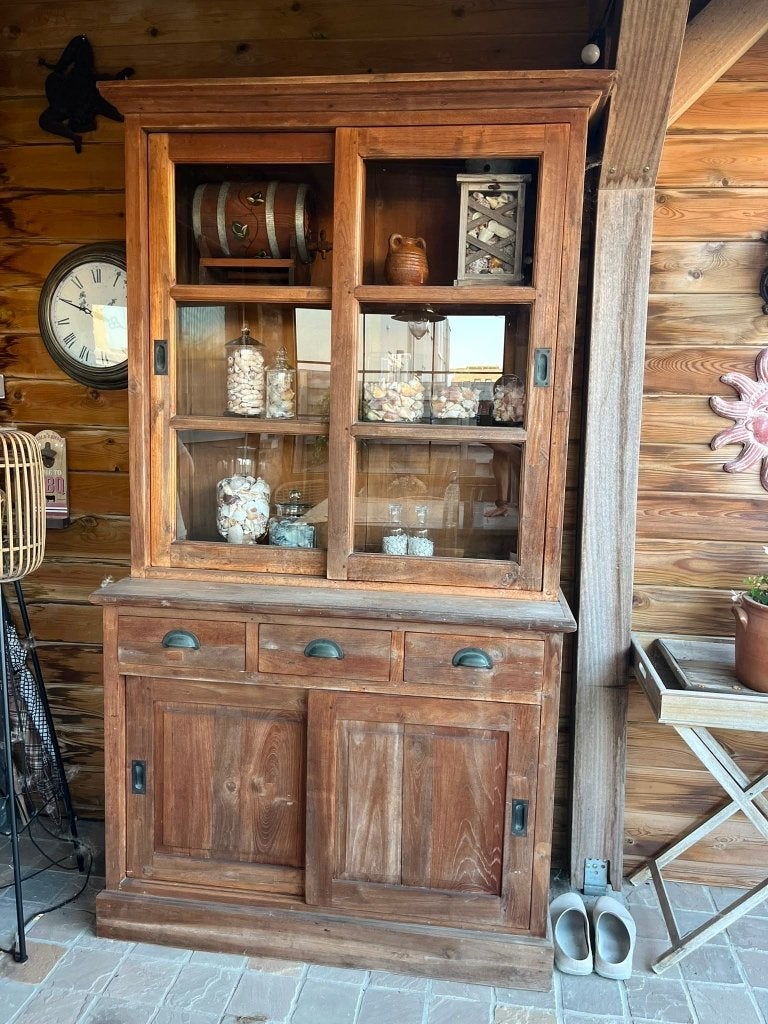 Massieve vitrinekast in teak, Huis en Inrichting, Kasten | Vitrinekasten, Ophalen, Gebruikt, Teakhout, Met deur(en)