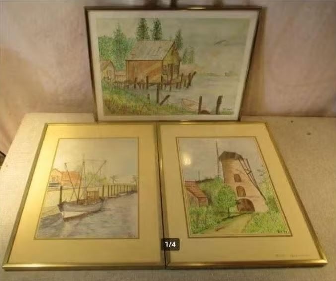 3 magnifiques aquarelles avec vues - Peel - 41x30, Antiquités & Art, Enlèvement ou Envoi, Encadré, Aquarelle, Paysage