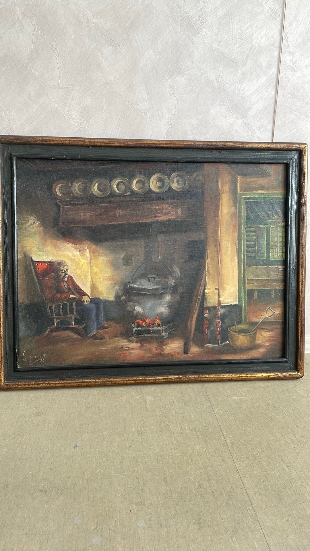 Landelijk vintage schilderij met open haard, Antiek en Kunst, Ophalen