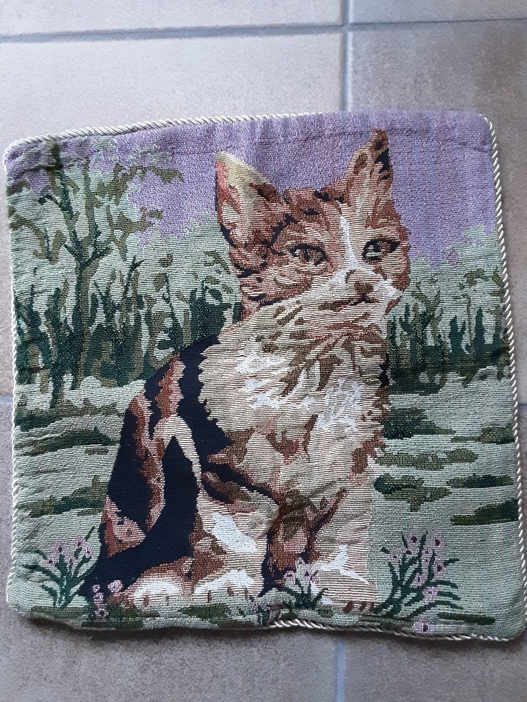 In Nieuwstaat. Geweven jacquard kussensloop met poes, Ophalen, Zo goed als nieuw, Vierkant, Binnen