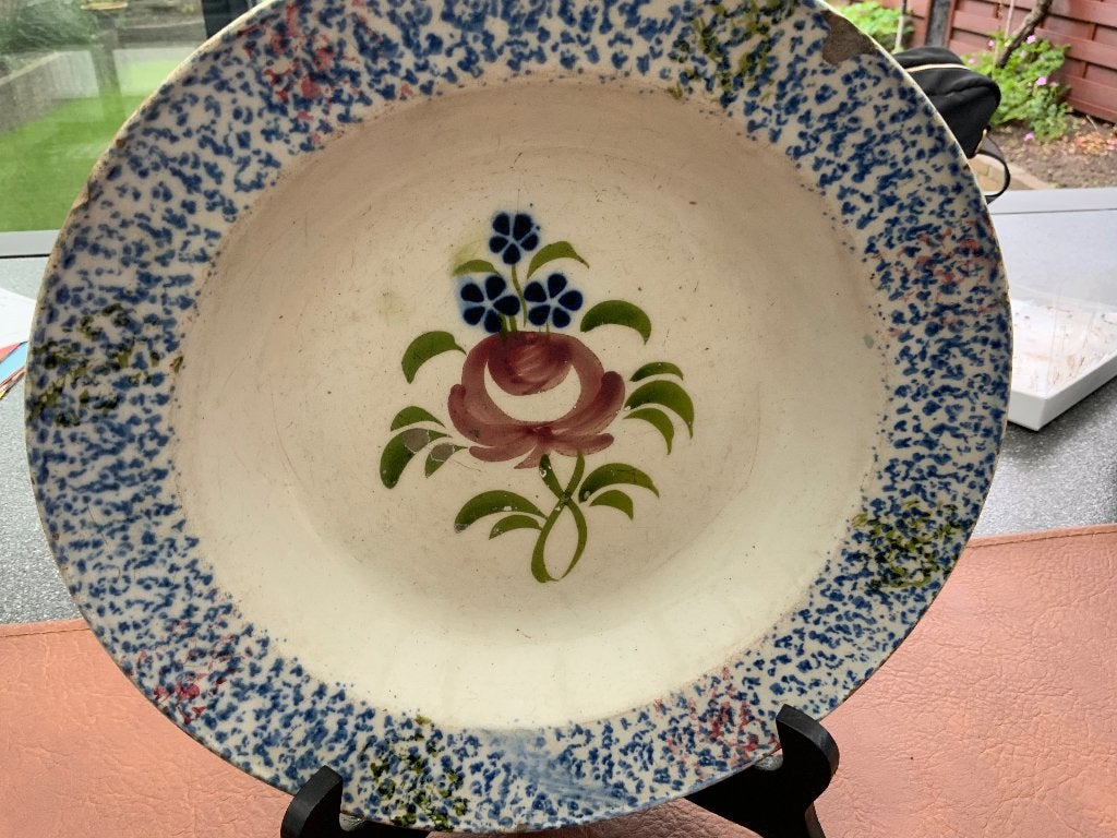 handbeschilderd Boerenbont / Spongeware bord – 19e-eeuwse, Antiek en Kunst, Ophalen