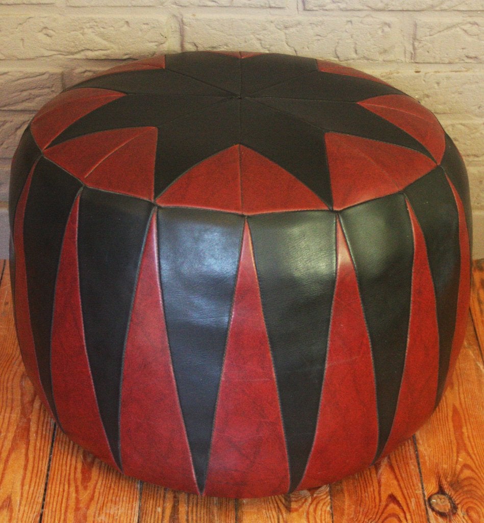 Zware Zachte Ronde Vintage Poef / 11kg / Bordo-Zwart / 60's, Huis en Inrichting, Zetels | Voetbanken en poefs, Rond, Leer, Ophalen of Verzenden