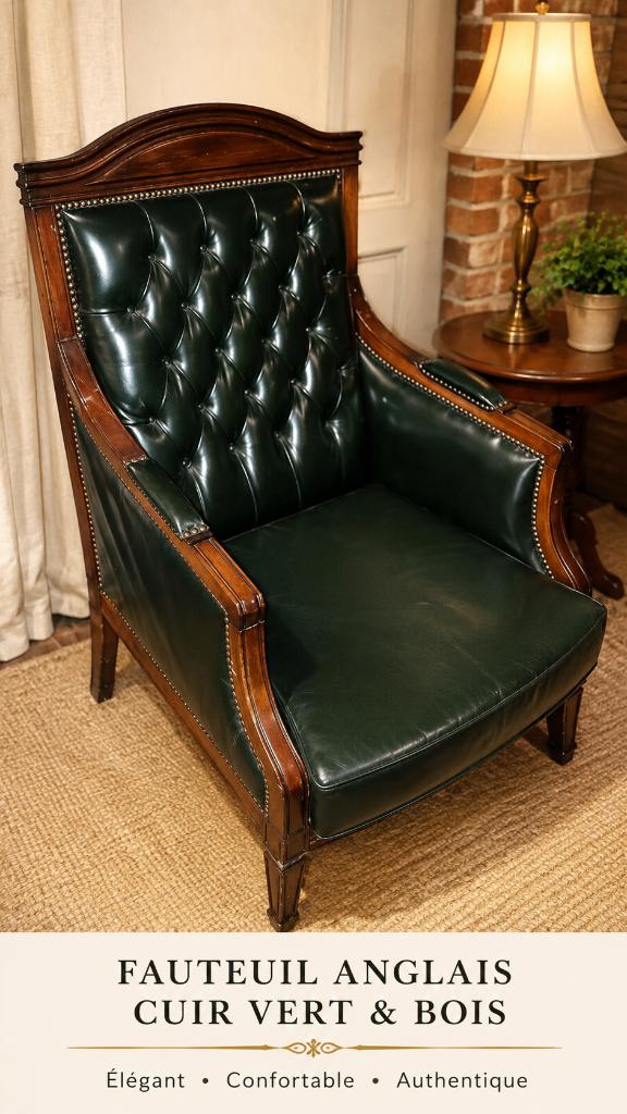 Fauteuil anglais vintage cuir vert style Chesterfield, Huis en Inrichting, Fauteuils, Ophalen, Gebruikt, Leer, Chesterfield