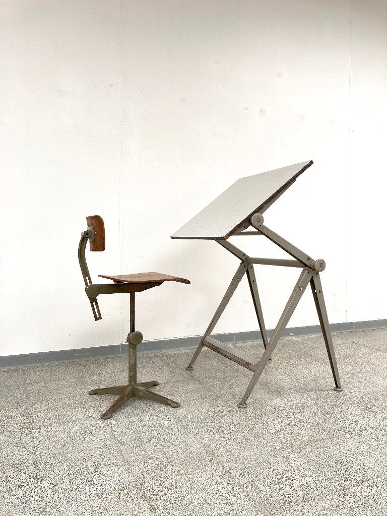 Vintage design Friso Kramer/Wim Rietveld tekentafel + stoel, Ophalen, Gebruikt, Minder dan 130 cm
