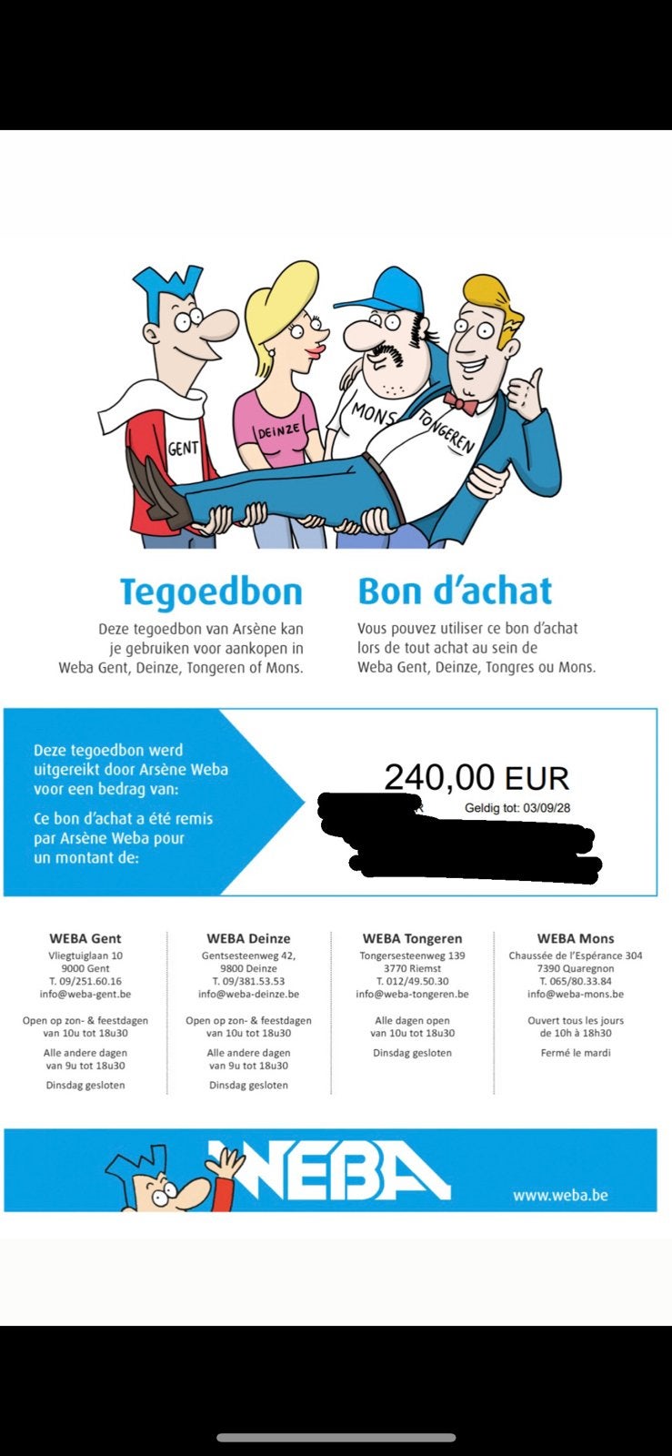 Weba tegoedbon van €240, Tickets en Kaartjes